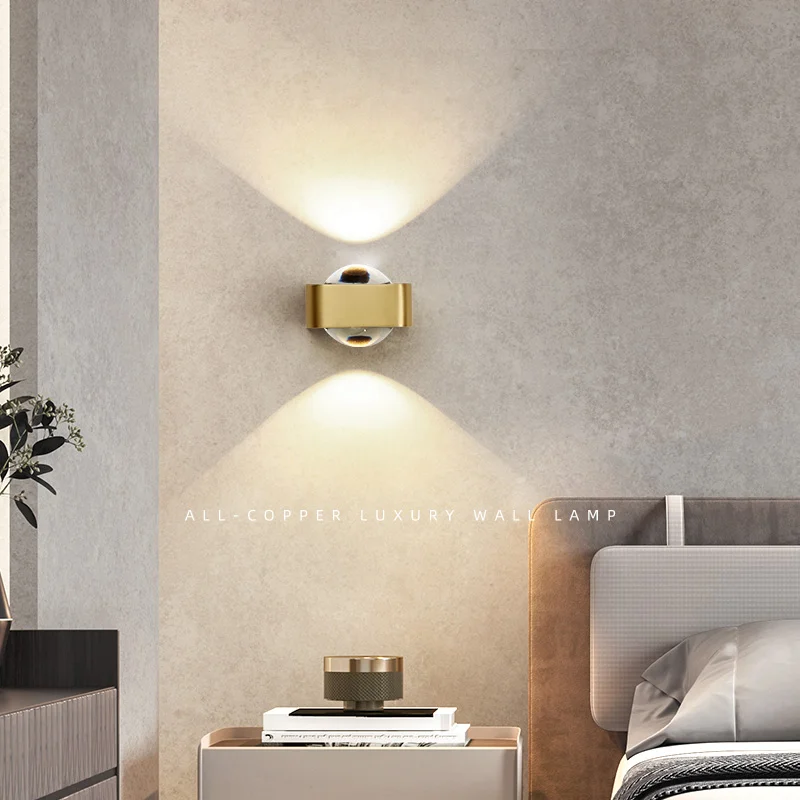 Square Copper Bedroom Wall Lamp Modern High-end Luxury LED Light Living Room Double Head Atmosphere Spotlights Decoration Sconce