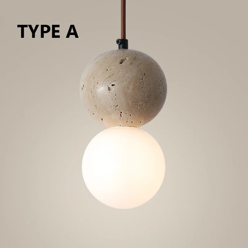 Retro Natural Stone Art Pendant Light Yellow Travertine LED Chandelier White Glass Lampshade Bedroom Bedside Cream Light Fixture