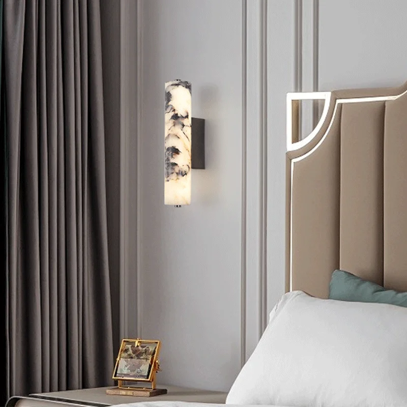 New Bedroom Wall Lamp Italian Style Natural Stone Black Marble Light Luxury Bedside Living Room Decoration Modern Wall Sconces