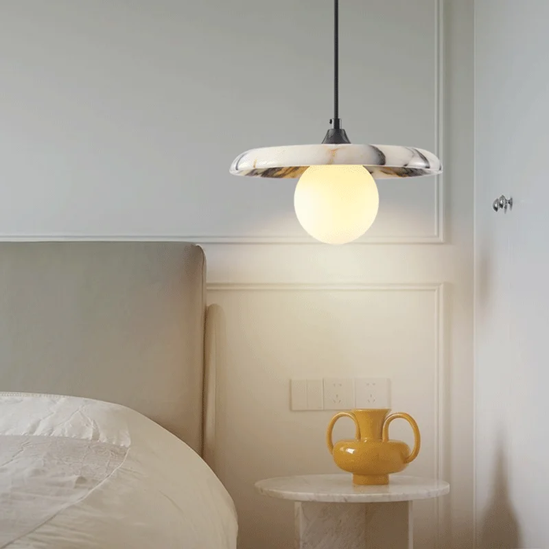 Luxury Black Round Natural Stone Pendant Lamp High-end Bedroom Bedside LED Chandelier Living room Decoration Home Hanging Lights