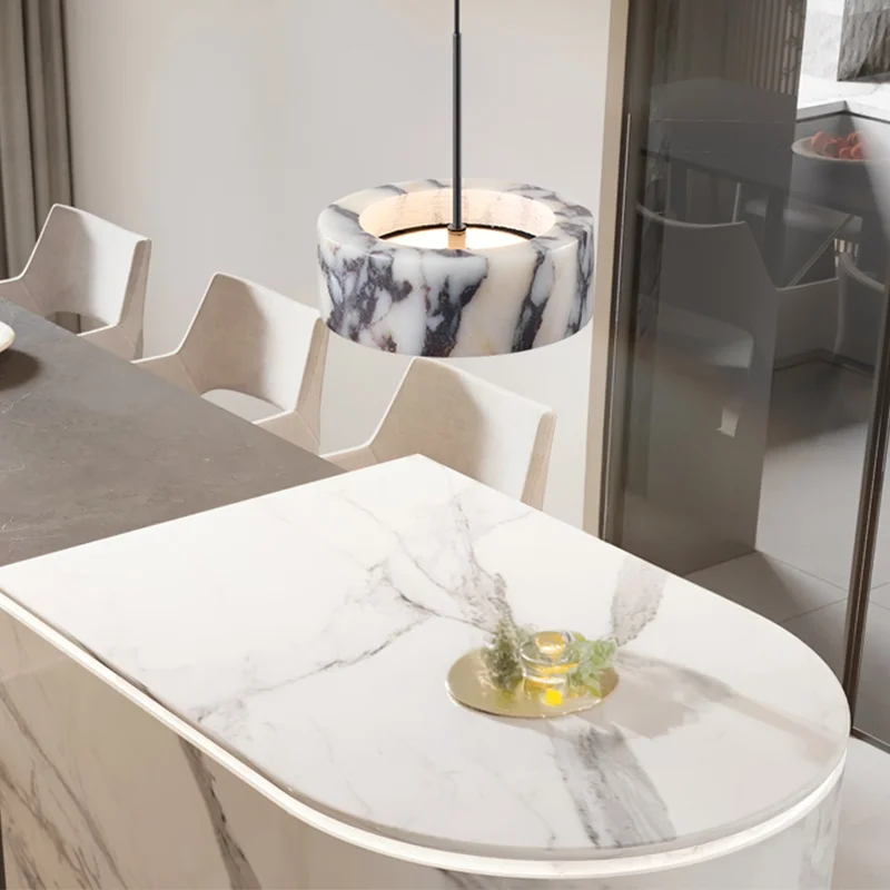 Luxury Black Round Natural Stone Pendant Lamp High-end Bedroom Bedside LED Chandelier Living room Decoration Home Hanging Lights