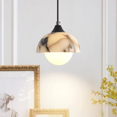 Luxury Black Round Natural Stone Pendant Lamp High-end Bedroom Bedside LED Chandelier Living room Decoration Home Hanging Lights