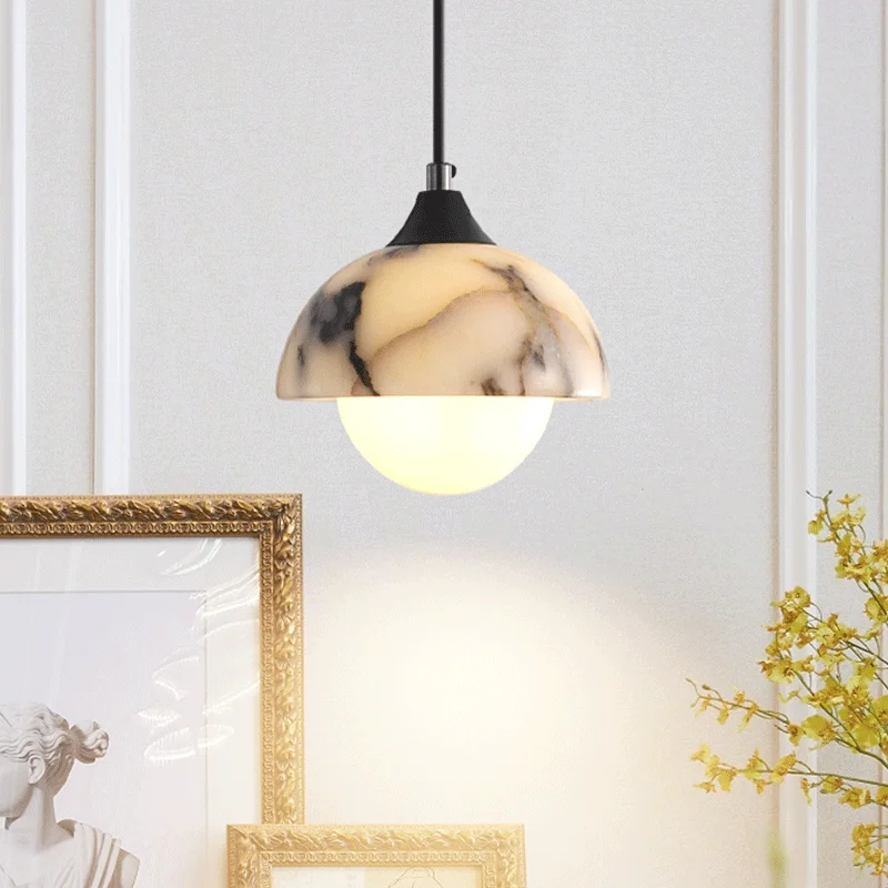 Luxury Black Round Natural Stone Pendant Lamp High-end Bedroom Bedside LED Chandelier Living room Decoration Home Hanging Lights