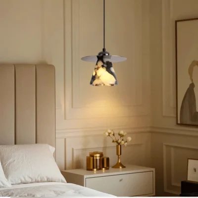 Luxury Black Round Natural Stone Pendant Lamp High-end Bedroom Bedside LED Chandelier Living room Decoration Home Hanging Lights