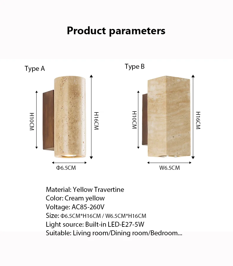 Square Script Spotlights Natural Stone Room Decor Cylinder Wall Lamp Interior Led Sconce Cream Nordic Wall Light Home Decoration