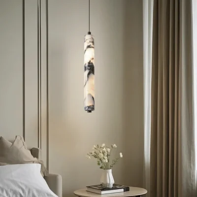 Luxury Black Cylinder Natural Stone Pendant Lamp High-end Bedside LED Chandelier Living room Decoration Home Hanging Lights