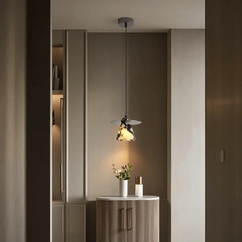 Luxury Black Round Natural Stone Pendant Lamp High-end Bedroom Bedside LED Chandelier Living room Decoration Home Hanging Lights