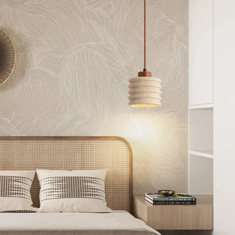 Retro Natural Stone Art Pendant Light Yellow Travertine LED Chandelier Bedroom Bedside Decoration Home Lighting Fixtures