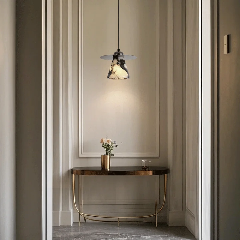 Luxury Black Round Natural Stone Pendant Lamp High-end Bedroom Bedside LED Chandelier Living room Decoration Home Hanging Lights