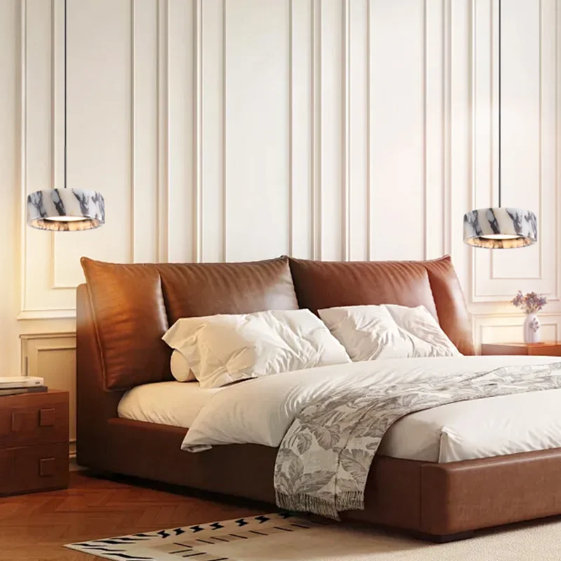 Luxury Black Round Natural Stone Pendant Lamp High-end Bedroom Bedside LED Chandelier Living room Decoration Home Hanging Lights