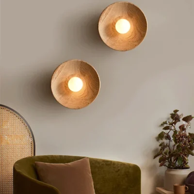 Japanese Retro Round Circle Wooden Living Room Wall Lamp Nordic Home Decor Stair Aisle Homestay Lights Wood Decoration Sconces