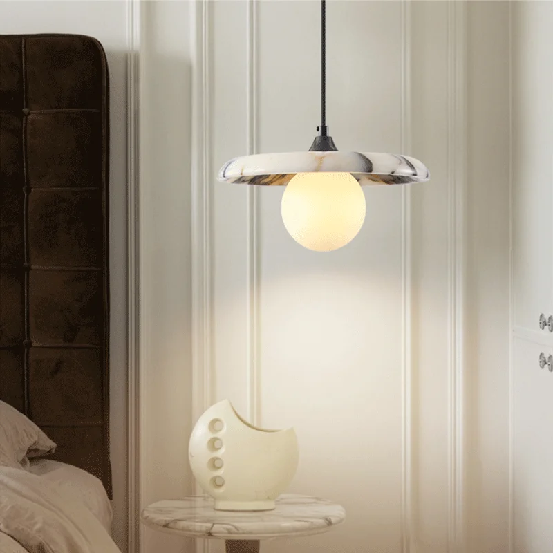 Luxury Black Round Natural Stone Pendant Lamp High-end Bedroom Bedside LED Chandelier Living room Decoration Home Hanging Lights