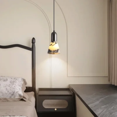 Luxury Black Round Natural Stone Pendant Lamp High-end Bedroom Bedside LED Chandelier Living room Decoration Home Hanging Lights