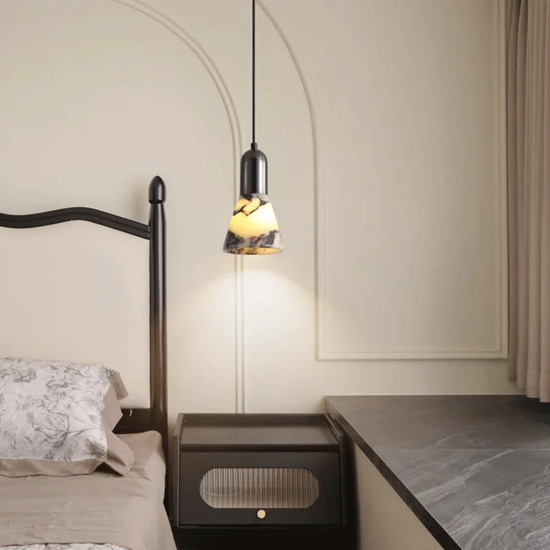 Luxury Black Round Natural Stone Pendant Lamp High-end Bedroom Bedside LED Chandelier Living room Decoration Home Hanging Lights