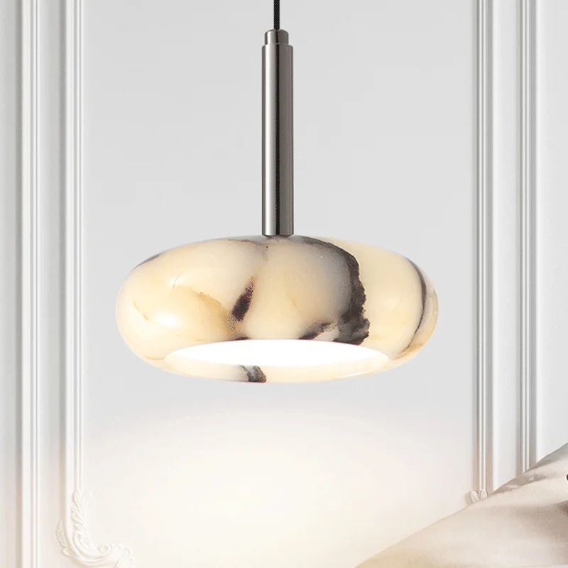 Luxury Black Round Natural Stone Pendant Lamp High-end Bedroom Bedside LED Chandelier Living room Decoration Home Hanging Lights