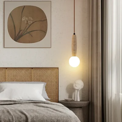 Retro Natural Stone Art Pendant Light Vintage White Glass Lampshade LED Chandelier Bedroom Bedside Decoration Lighting Fixtures