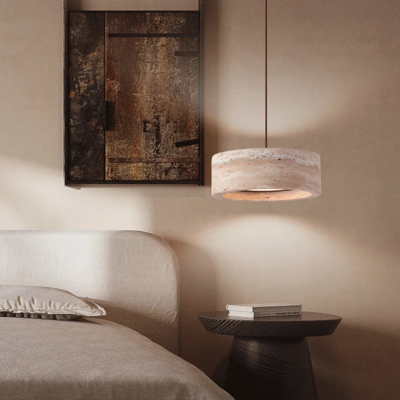 Retro Natural Stone Art Pendant Light Yellow Travertine LED Chandelier Bedroom Bedside Decoration Home Lighting Fixtures