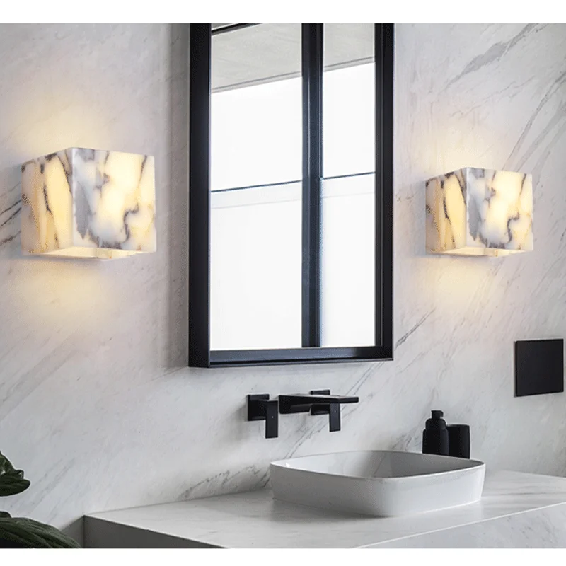 Luxury Black Cube Natural Stone Wall Sconce High-end Bedroom Bedside Wall Lamp Living room Bathroom Waterproof Lighting Fixture