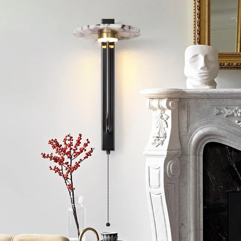 Black Luxury Alabaster Natural Stone Wall Lamp Bedroom High-end Sconce Design Artistic Living Room Marble Decor LED Lights