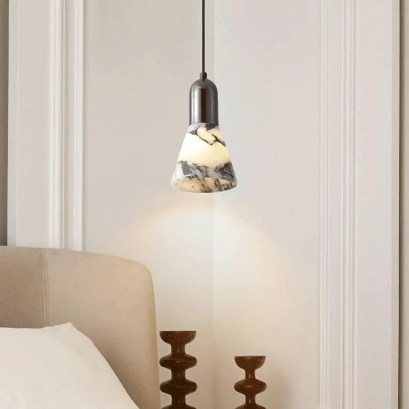 Luxury Black Round Natural Stone Pendant Lamp High-end Bedroom Bedside LED Chandelier Living room Decoration Home Hanging Lights