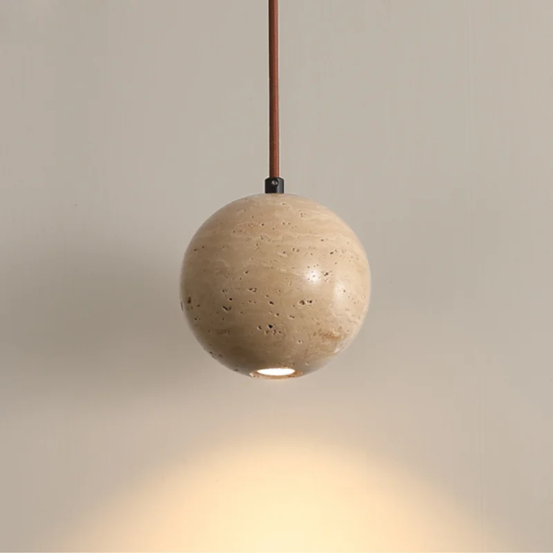 Retro Natural Stone Art Pendant Light Yellow Travertine LED Chandelier White Glass Lampshade Bedroom Bedside Cream Light Fixture