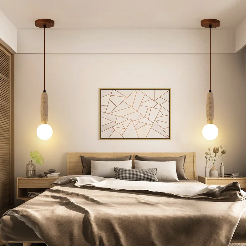 Retro Natural Stone Art Pendant Light Vintage White Glass Lampshade LED Chandelier Bedroom Bedside Decoration Lighting Fixtures