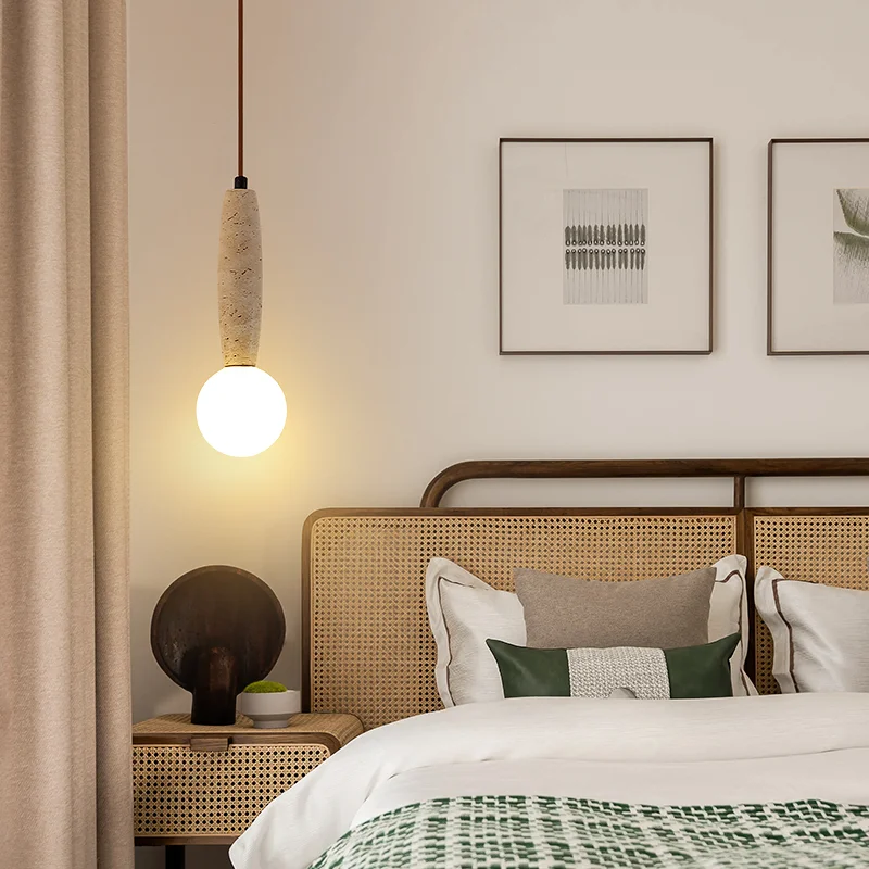 Retro Natural Stone Art Pendant Light Vintage White Glass Lampshade LED Chandelier Bedroom Bedside Decoration Lighting Fixtures