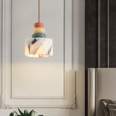 Luxury Black Round Natural Stone Pendant Lamp High-end Bedroom Bedside LED Chandelier Living room Decoration Home Hanging Lights