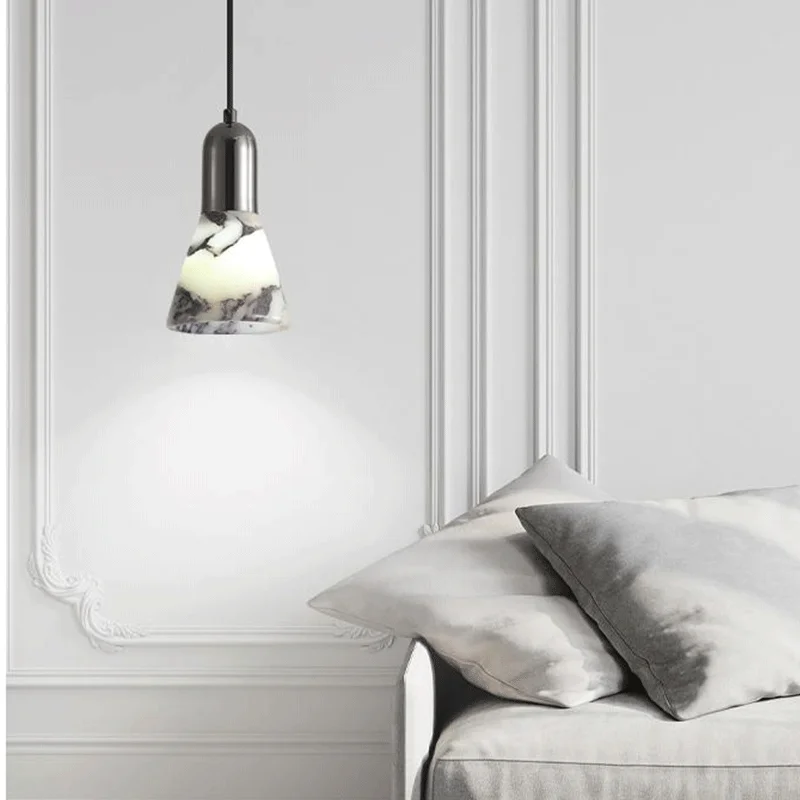 Luxury Black Round Natural Stone Pendant Lamp High-end Bedroom Bedside LED Chandelier Living room Decoration Home Hanging Lights