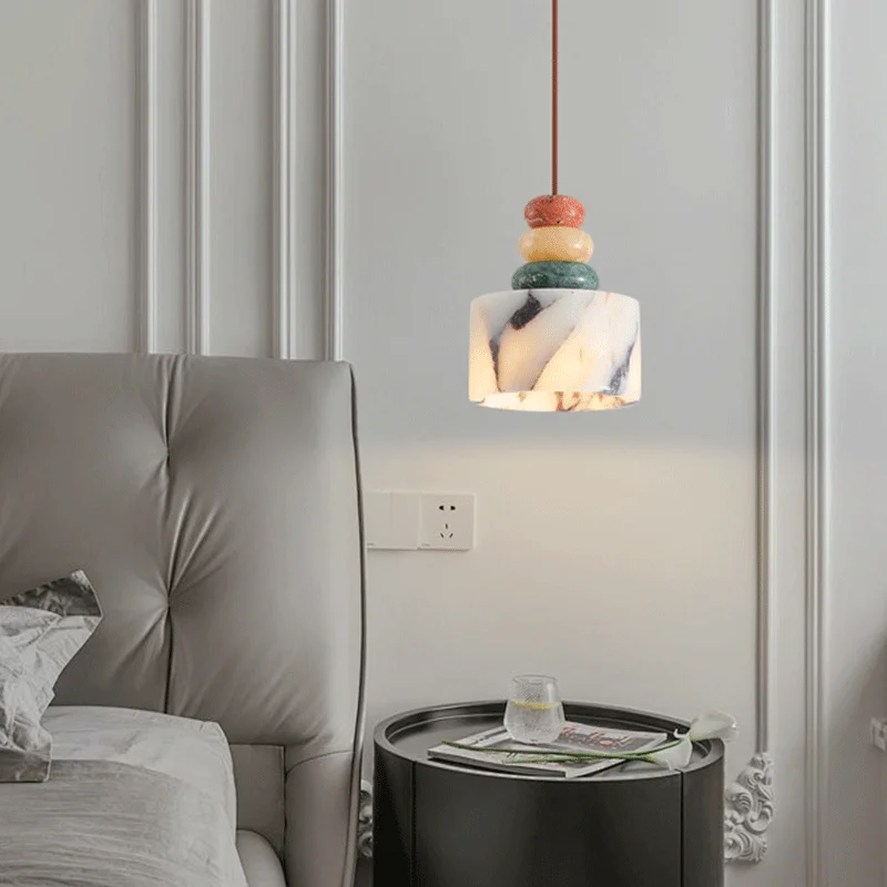 Luxury Black Round Natural Stone Pendant Lamp High-end Bedroom Bedside LED Chandelier Living room Decoration Home Hanging Lights