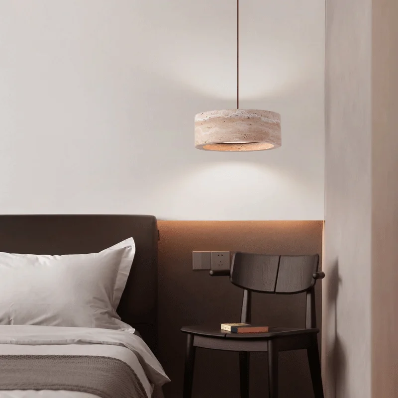 Retro Natural Stone Art Pendant Light Yellow Travertine LED Chandelier Bedroom Bedside Decoration Home Lighting Fixtures