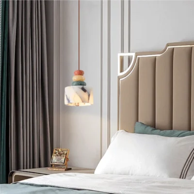 Luxury Black Round Natural Stone Pendant Lamp High-end Bedroom Bedside LED Chandelier Living room Decoration Home Hanging Lights