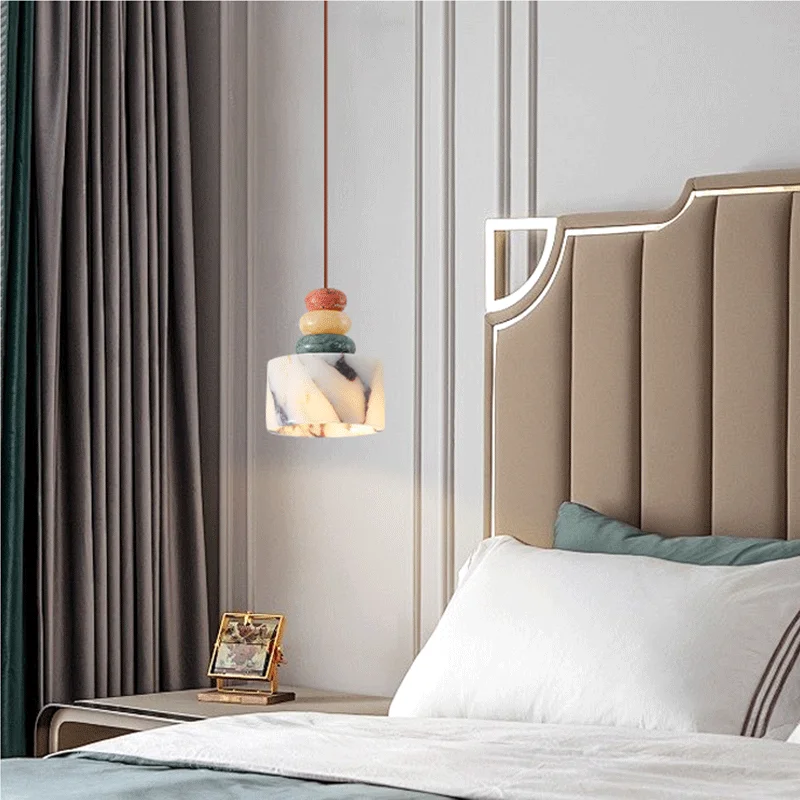 Luxury Black Round Natural Stone Pendant Lamp High-end Bedroom Bedside LED Chandelier Living room Decoration Home Hanging Lights