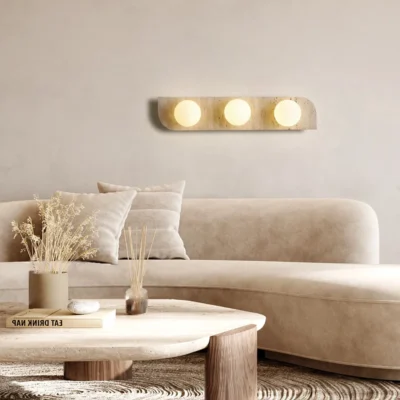 Retro Three Heads Natural Stone Art Wall Lamp Yellow Travertine LED Sconce White Glass Lampshade Atmosphere Corridor Lighting