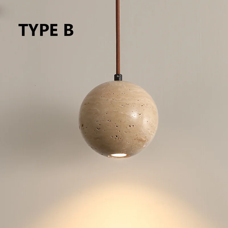 Retro Natural Stone Art Pendant Light Yellow Travertine LED Chandelier White Glass Lampshade Bedroom Bedside Cream Light Fixture