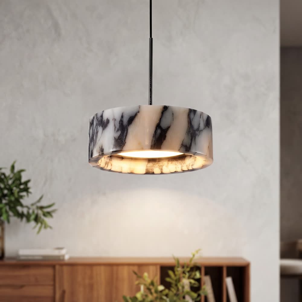 Luxury Black Round Natural Stone Pendant Lamp High-end Bedroom Bedside LED Chandelier Living room Decoration Home Hanging Lights