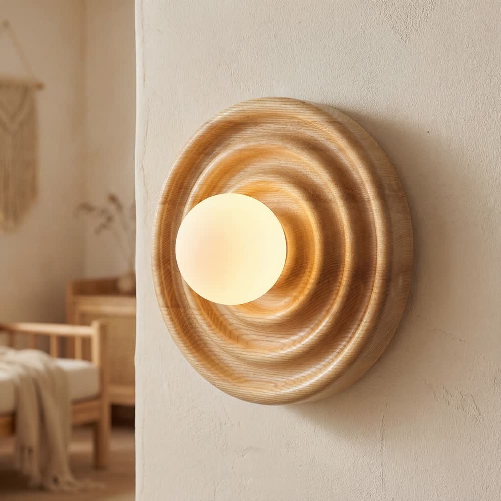 Vintage Round Circle Ash Wood Wall Lamp Living Room Decoration LED Light Dark Wood Color Corridor Creative Bedside Wooden Sconce