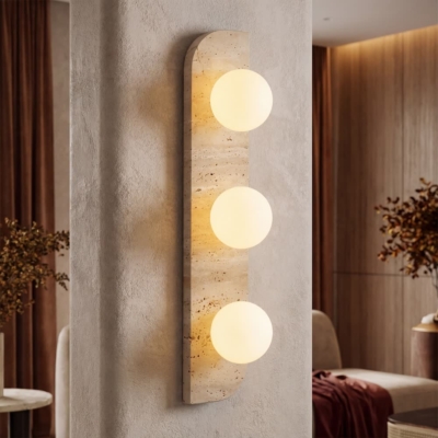 Retro Three Heads Natural Stone Art Wall Lamp Yellow Travertine LED Sconce White Glass Lampshade Atmosphere Corridor Lighting