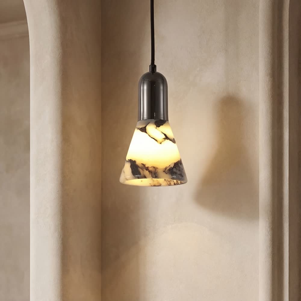 Luxury Black Round Natural Stone Pendant Lamp High-end Bedroom Bedside LED Chandelier Living room Decoration Home Hanging Lights