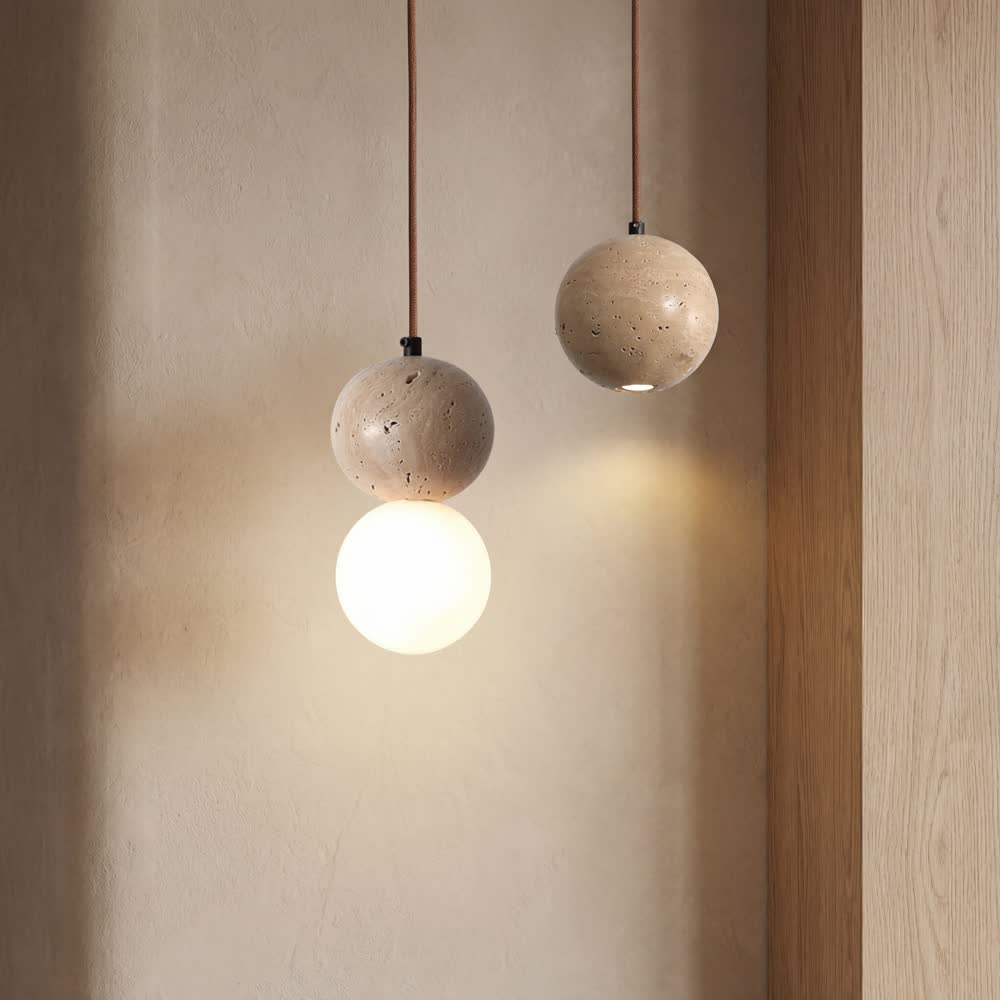 Retro Natural Stone Art Pendant Light Yellow Travertine LED Chandelier White Glass Lampshade Bedroom Bedside Cream Light Fixture