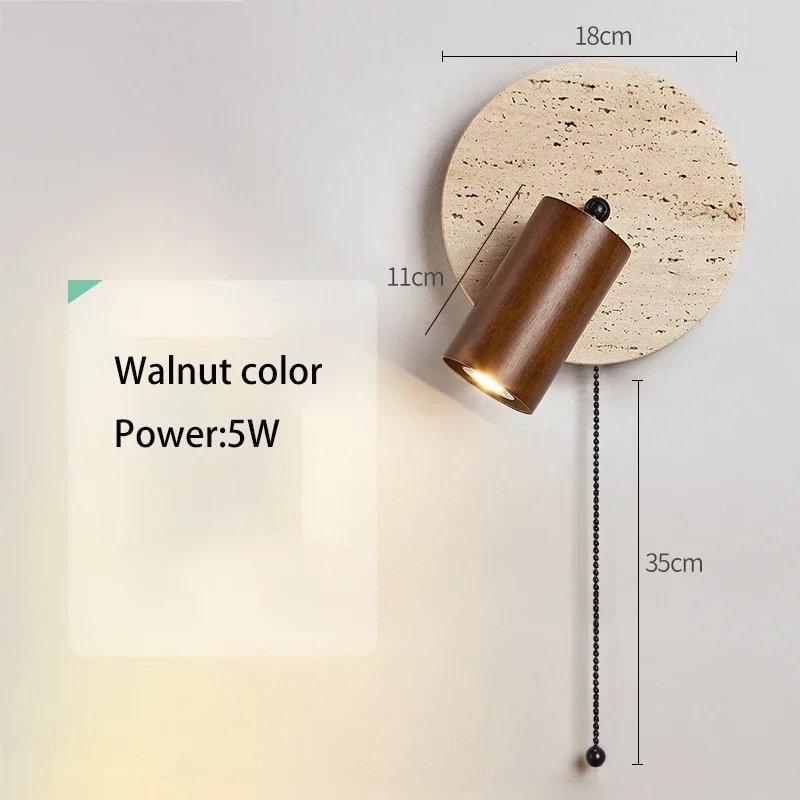 Bedroom Beside Led Wall Lamp Round Stone Reading Light Rotatable Spot Lights With Pull Switch Walnut Log Wood Color HomeDecor