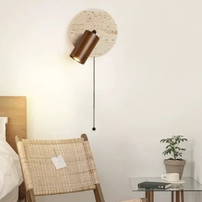 Bedroom Beside Led Wall Lamp Round Stone Reading Light Rotatable Spot Lights With Pull Switch Walnut Log Wood Color HomeDecor