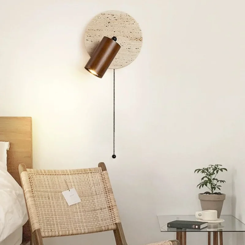 Bedroom Beside Led Wall Lamp Round Stone Reading Light Rotatable Spot Lights With Pull Switch Walnut Log Wood Color HomeDecor
