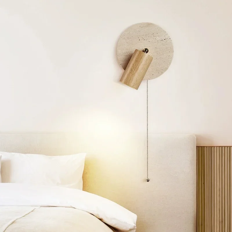 Bedroom Beside Led Wall Lamp Round Stone Reading Light Rotatable Spot Lights With Pull Switch Walnut Log Wood Color HomeDecor
