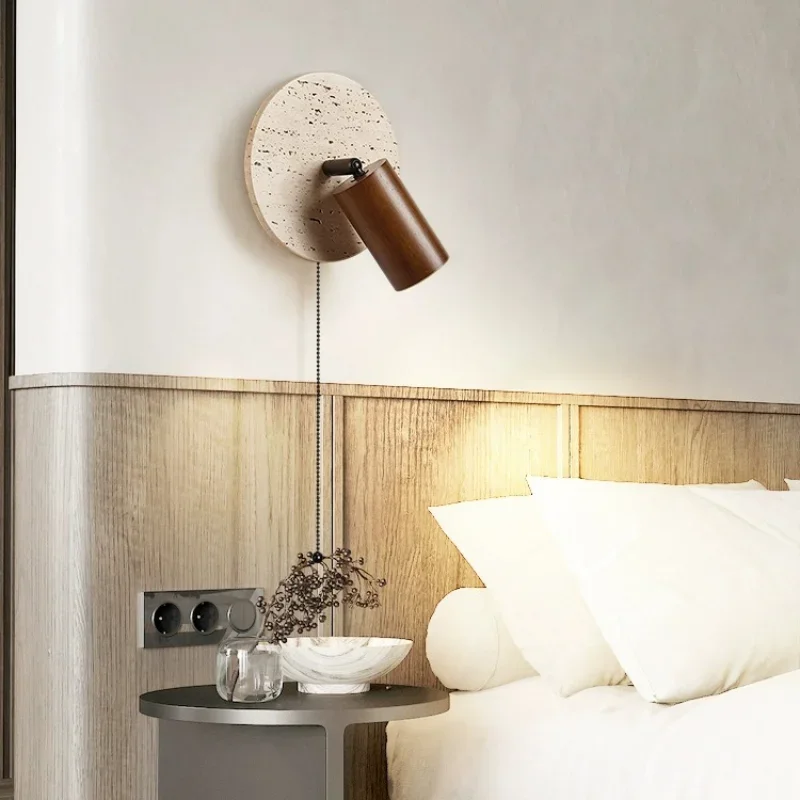 Bedroom Beside Led Wall Lamp Round Stone Reading Light Rotatable Spot Lights With Pull Switch Walnut Log Wood Color HomeDecor