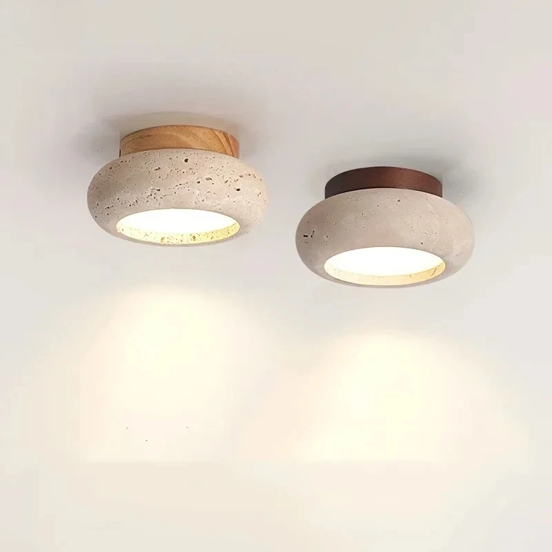 IWHD Wood Canopy LED Ceiling Light Fixture Nordic Modern Simple Ellipse Natural Yellow Travertine Ceiling Lamp Lamparas De Techo
