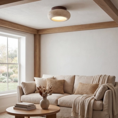 IWHD Wood Canopy LED Ceiling Light Fixture Nordic Modern Simple Ellipse Natural Yellow Travertine Ceiling Lamp Lamparas De Techo