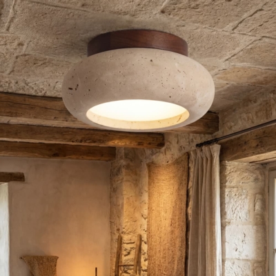 IWHD Wood Canopy LED Ceiling Light Fixture Nordic Modern Simple Ellipse Natural Yellow Travertine Ceiling Lamp Lamparas De Techo